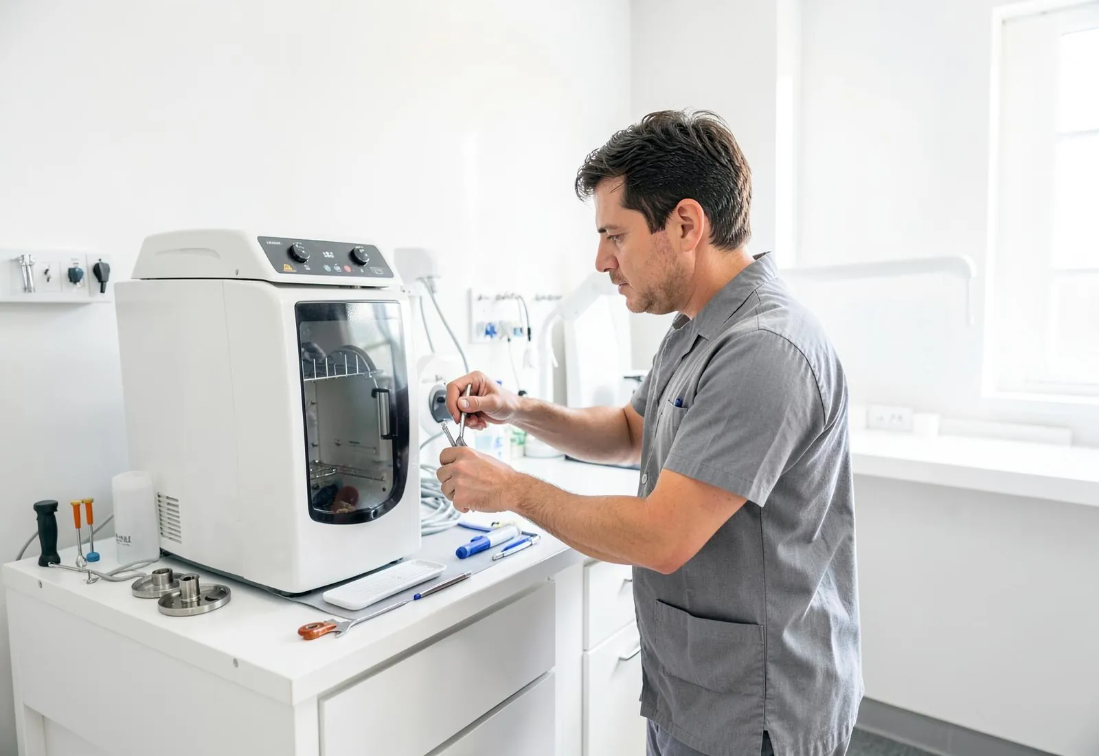 Técnico consertando uma autoclave odontológica na bancada